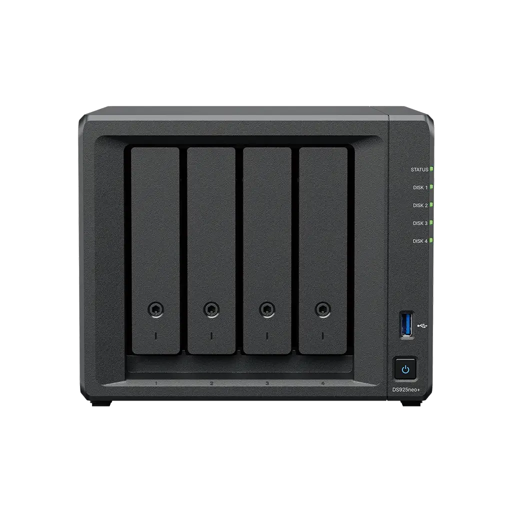 Synology DiskStation DS925NEO+ ,4-bay AMD Ryzen V1500B 4 core 2.2 GHz ,4GB DDR4 ,Diskless NAS Non-ECC RAM Option