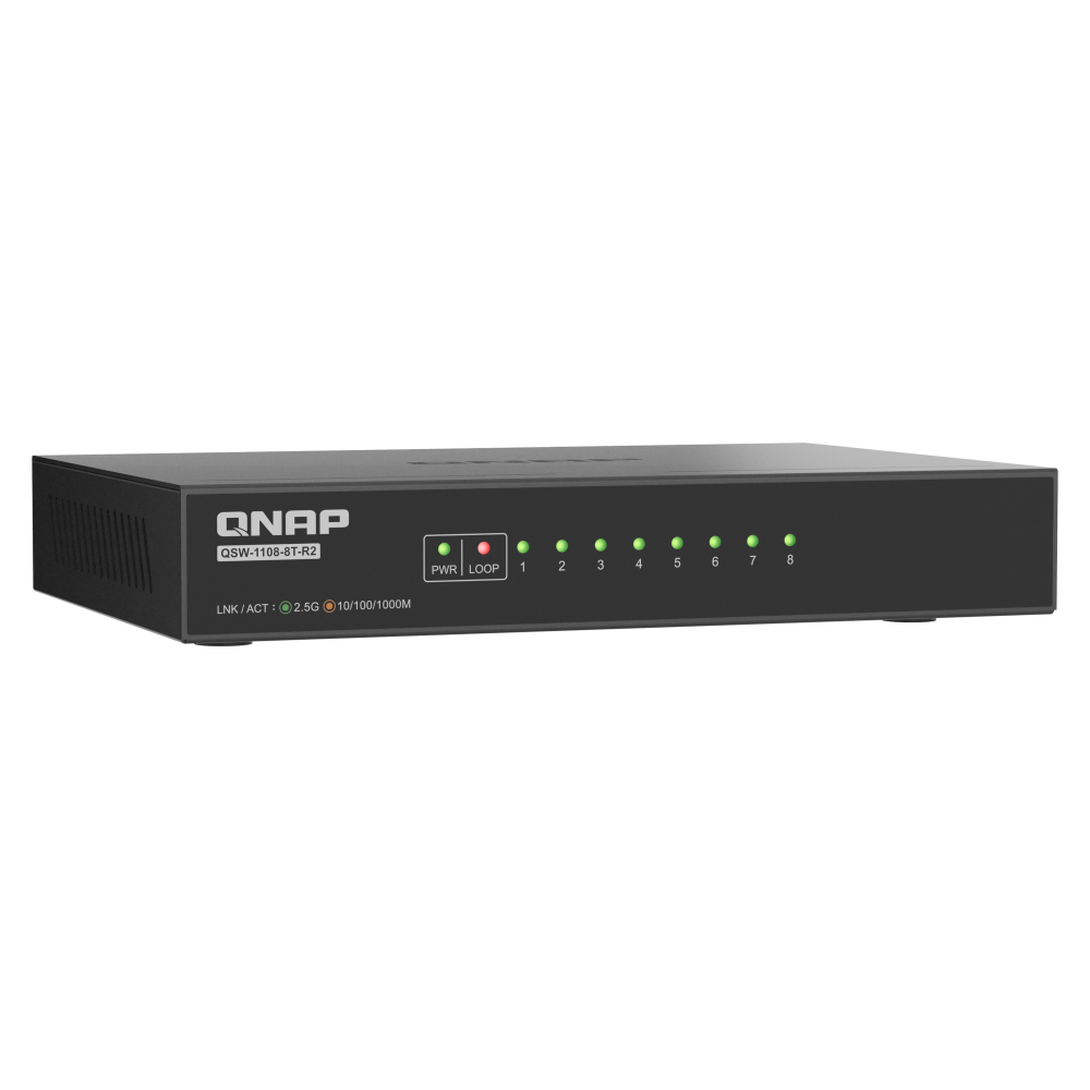 QNAP QSW-1108-8T-R2 network switch front left angled view