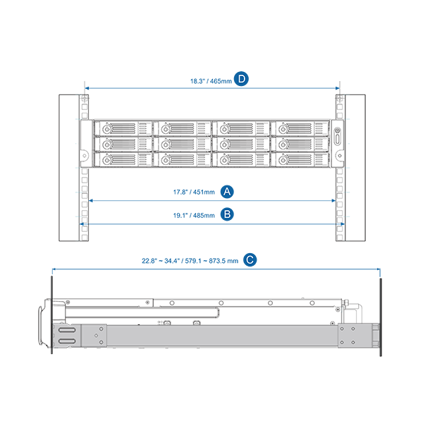 QNAP Rail-A03-57 Rail Kit & Tray Back View (I/O ports)